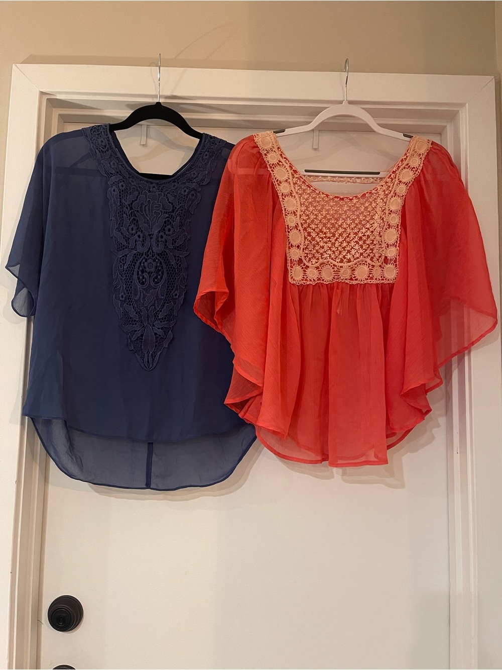 Set of 2 Boho Style Sheer Top Blouse Crochet Details Navy Coral Size S